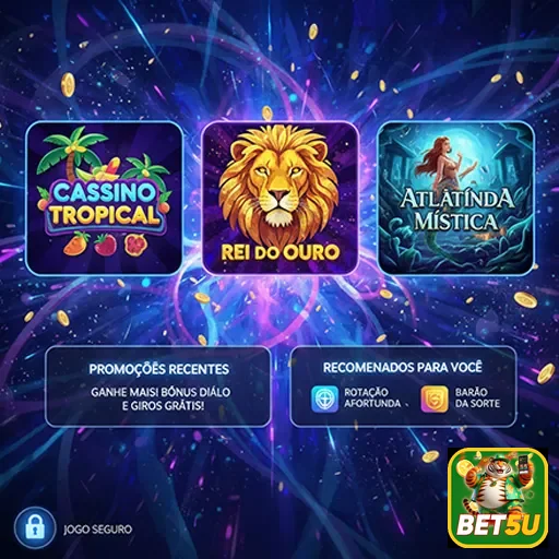 Imagem do cassino tropical Rei do Ouro disponível no Bet5u, com temática vibrante e elementos de jogo.